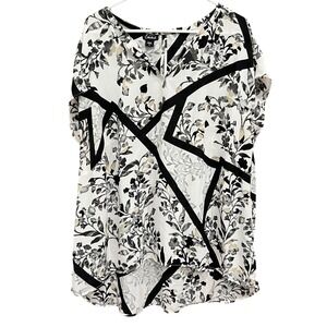 Simply Emma Blouse Top Floral Print Black White Geometric 2X